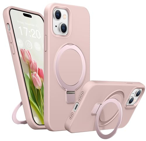 BENTIACC Cover Silicone Liquido per iPhone 14/13, Anello Magnetico di Supporto, custodia protettiva antiurto a 4 strati, rivestimento in microfibra morbida resistente ai graffi (Rosa)