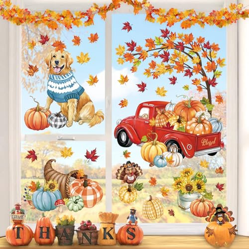 wondever Fenstersticker Herbst Ahornblätter Kürbis Fenster Aufkleber Erntedankfest Herbst Blätter LKW Hunde Fensterbilder Fensteraufkleber Anti-Kollision Doppelseitig Glasaufkleber Glas Deko