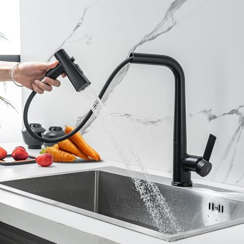 LakeBayMZC Robinet de cuisine avec extractible,Robinet de cuisine pivotant à 360° pour évier,monocommande avec 3 jets,Noir mat
