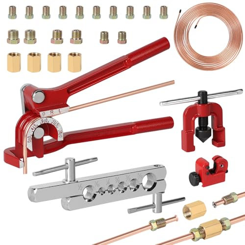 efuturetime Kit Outils d'évasement de Tuyaux de Freins Embout Simple, Outils de Conduite Freins avec 7,6 m Tuyau Frein, Cintreuse Tube 0-180°, Mini Coupe-Tuyaux, 16 Raccords et 4 Connecteurs