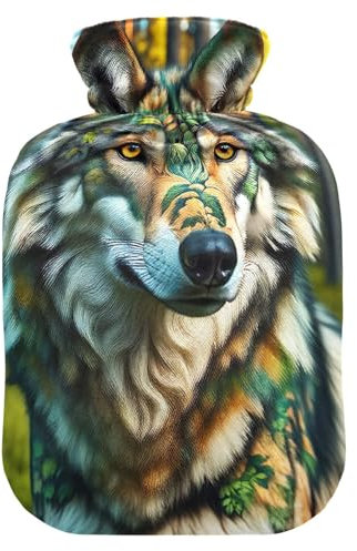 Camo Wolf Wärmflaschen mit weichem Bezug, Wärme- oder Kaltwasserflaschen für Menstruationskrämpfe, Schmerzlinderung, 2 Liter