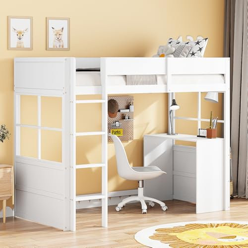 Kebnor 90 * 200cm Hochbett aus Holz, Sicherheitstreppe, mit Tisch, hohes Zaundesign, Einzelbett, Kinderbett (Weiß)