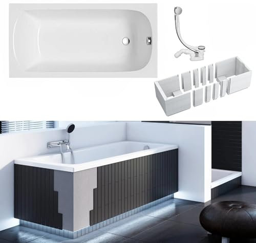 VBChome Badewanne 150 x 70 cm Weiß Acryl Wannenträger Platz für LED-Beleuchtung Styroporträger Siphon Wanne Rechteck Design Modern Ablaufgarnitur in Chrom