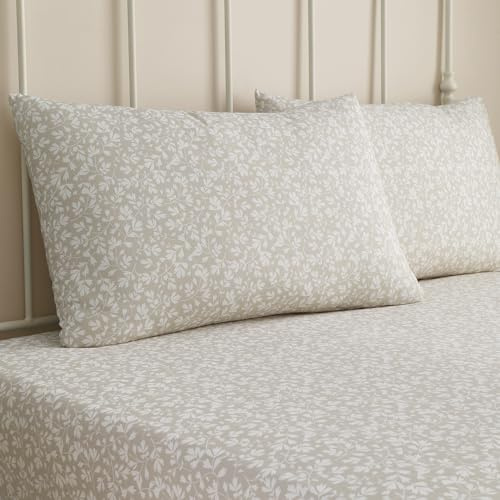 Dreams & Drapes - Natural Floral Fitted Sheet (190 x 90 x 28cm) - Luxury Polycotton Bed Sheet - Matching Duvet Cover Available - Natural Bed Sheet with Leaf