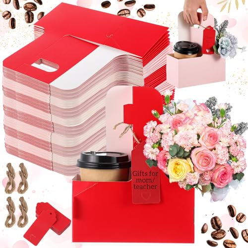 MotiMind 100 Pcs 2 Cup Drink Carrier with Handle Red and Pink Kraft Paperboard Cup Holder Portable for Hot Cold Drinks Coffee Caddy with Heart Cutout Card and Rope