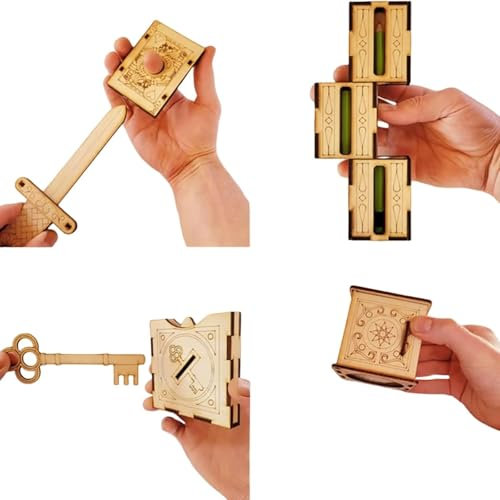 MIGEDY Handgefertigtes DIY-Zauberset aus Holz, Zaubertrick „Wort durch Finger“, Zaubertrick „Schlüssel durch Münze“, Zaubertrick „Schwert durch Finger“