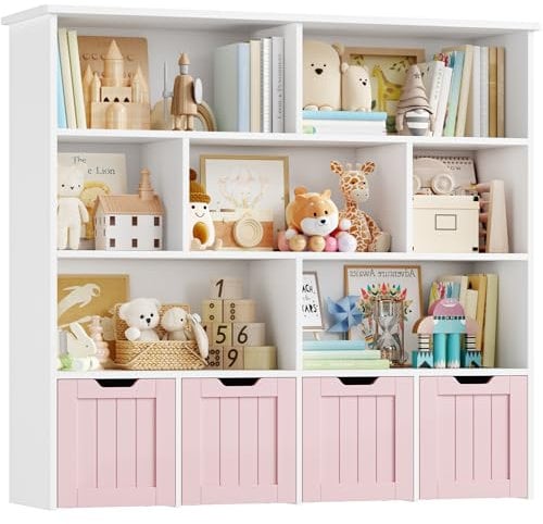 FOREHILL Kids Toy Storage Unit Childrens Bookcase Toy Organiser Kids Bookshelf, 7 Open Shelves, 4 Drawers with Wheels, for Nursery Playroom Pink+White 125.5x33x118cm