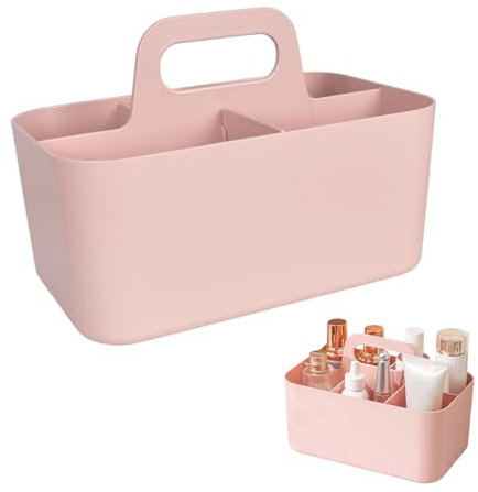 Korb Organizer mit Griff, mit 10 Aufklebern, Mehrzweck-Kunststoffkorb mit 5 Fach, Organizer Box mit Griffen 24x15x11 cm, Aufbewahrungsbox für Bad, Büro, Bastel- oder Schulbedarf (Rosa)