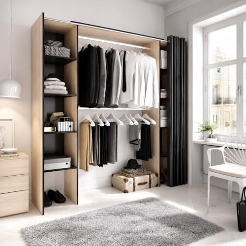 Vicawu OFFENER KLEIDERSCHRANK MIT VORHÄNGEN BASTET - Graphit/Natur Offene Garderobe mit 2 Säulen und Vorhang. 2 Kleiderstangen. 10 Regale. Verstellbare Maße.