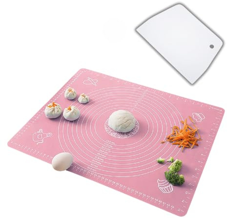 Winder Home | Backmatte Backutensilien, Silikon Beschichtet | Antihaft Nudelholz Silikon Backzubehör Mit Holzgriff Für Pizza, Nudelteig, Cookie, Kuchen, Gebäc (Rosa (L) mit Teigschneider)
