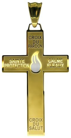 Katholische Marie Julie Jahenny der Benediktion mit Schutzkreuz der Vergebung mit weißer Emaille-Flamme, Heiliges Kreuz der Begnadigung, Edelstahl-Kruzifix-Endzeit-Anhänger, Cruz del Perdón, Cruz del