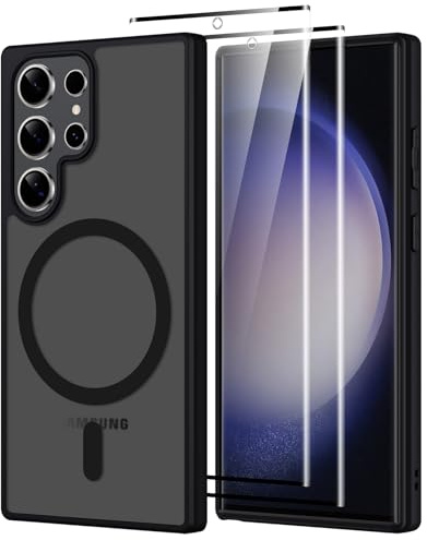 Pnakqil Magnetisch für Samsung Galaxy S23 Ultra 5G Hülle für Magsafe,Matt Transluzente Handyhülle für Samsung S23 Ultra mit 2 Panzer Schutz Glas,PC Härte Kratzfest Matte Dünn Magnetische Case,Schwarz