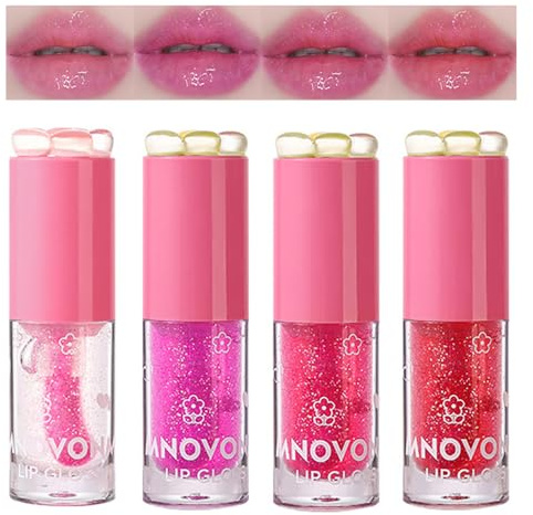 4 Stück Glitzer Lipgloss, Nährendes Glänzender Lippenstift, Feuchtigkeitsspendender Tintd Lipgloss Glass-Finish, Lippen-Make-up-Geschenk für Frauen