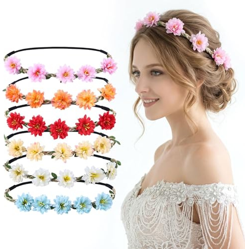 Glamoreal Blumenkranz für Damen & Mädchen – 6er-Set Blumen-Haarschmuck & Boho-Blumenhaarbänder für Hochzeit, Geburtstag, Festivals, Fotoshootings & den Alltag