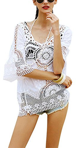 Women's Crochet Floral Pool Beach Dress Bikini Cover Up Lace Blouse Tuniques and Tops Long Sleeve Shirt White