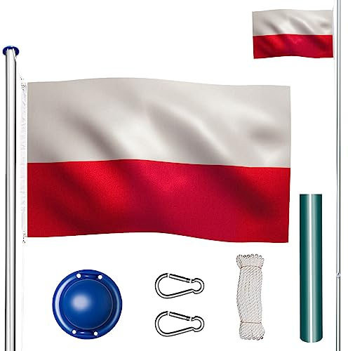 tectake Fahnenmast aus Aluminium, Teleskop Fahnenstange Set mit Flagge, Bodenhülsen, Seilzug, höhenverstellbar bis zu 6,50 m - ideal für Balkon, Garten, Festival und Camping - Polen