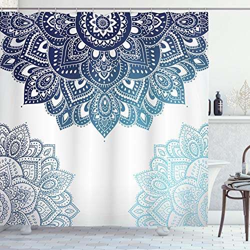 ABAKUHAUS Henna Duschvorhang, Vibrierende farbige Mandala, Stoffliches Gewebe Badezimmerdekorationsset mit Haken, 175 x 220 cm, Blassblau Dunkelblau