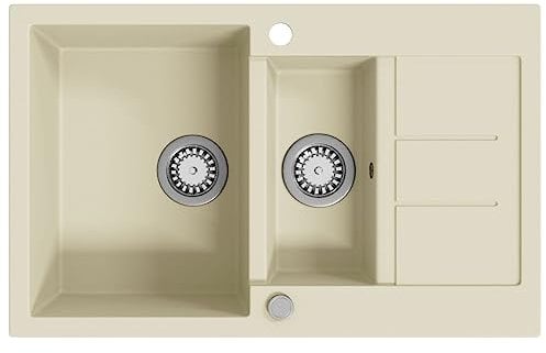 vidaXL Fregadero de Cocina de Granito con Dos Senos Lavabo Cocina Fontanería Piezas de Fontanería y Bricolaje Resistente Pileta Escurreplatos Beige