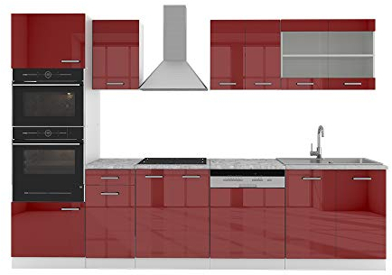 Vicco Küchenzeile R-Line, Bordeaux Hochglanz/Weiß, 300 cm mit Hochschrank, ohne Arbeitsplatte