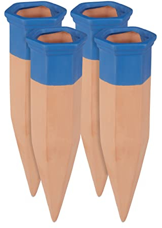 Relaxdays Tonkegel Bewässerung, 4er Set, Bewässerungshilfe für Pflanzen, 1,5 L Flaschen, 19 cm lang , terrakotta/blau