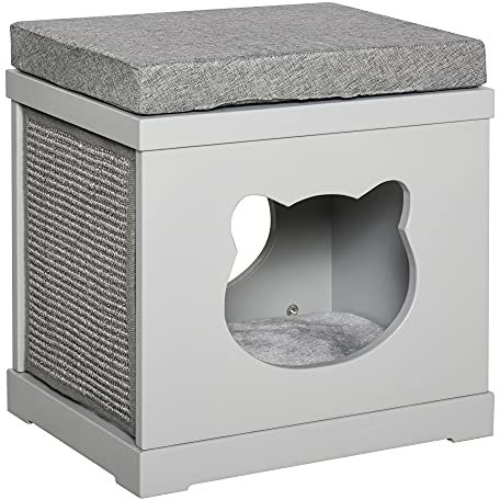 PawHut Cuccia Casetta per Gatti in Legno con 2 Cuscini e Tiragraffi Rimovibili, Grigio, 41x30x36cm