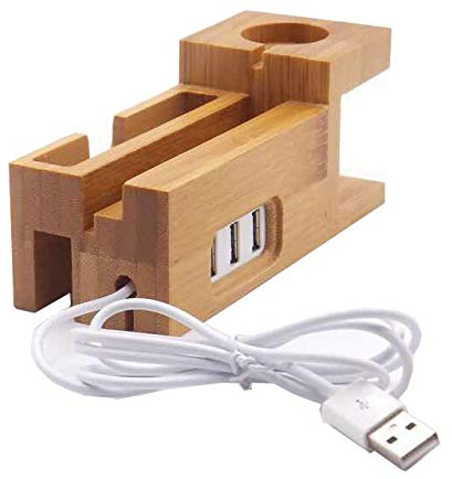 B32CS Bambus USB Ladestation & Handyhalter mit 3-Fach USB Hub (inkl. Kabel) – Multi-Funktionales Holz Docking Station für Handys, Tablets & Smartphones – Ideal für mehrere Geräte
