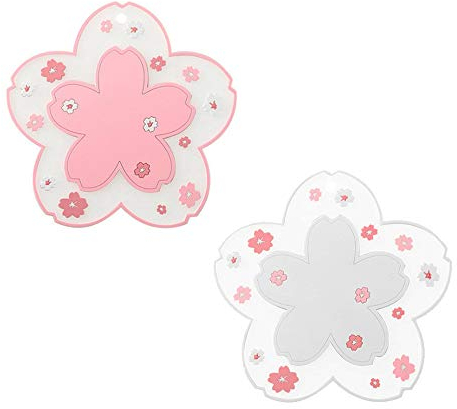 Sakura Coffee Cup Mat Kawaii Coaster 2PCS Cute Cherry Blossom PVC Home Tea Mug Pink Flower Pattern Anti-Skid Pot Bowl Pad Placemat for Desk Drink Table Cute Room Decor Kawaii Accessories