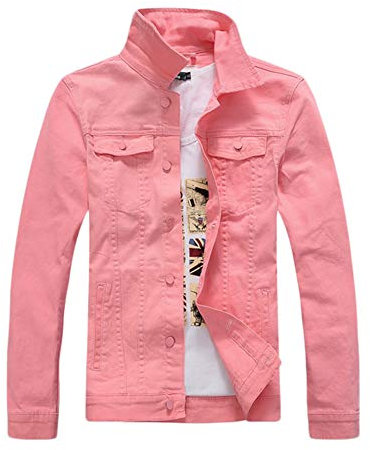 Slim Blouson en Jean Homme Chemise en Denim Jeans à La Mode avec Manches Longues Veste en Jean Denim Jacket Veste Printemps Automne,Rose,XXL