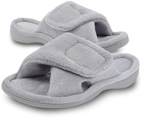 Git-up Chaussons Femme Mousse à Mémoire avec Support de l'arche Ajustable Crochet et Boucle Diabétique Large Bout Ouvert Pantoufles de Maison Extérieur et Intérieur, Gris 6.5/7.5