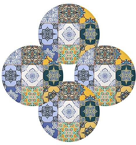 Tribal Moroccan Portuguese Tiles Ornaments Blue White Yellow Pattern Set of 4 Table Placemat, Non-Slip Place Mats Protector Washable Plate Mat Holder, 15.4 Inches Round Desk Pad for Kitchen Dining