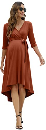 KOJOOIN Damen Umstandskleid Festlich Stillkleid V-Ausschnitt 3/4 Ärmel Schwangerschaftskleid mit Taillengürtel Karamell(3/4 Ärmel) M
