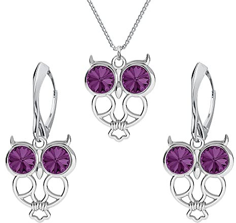 Schmuckset für Damen Ohrringe Silber 925 Hängend Eule Weisheit - Kette Damen mit Anhänger Schmuck Set für Sie mit Kristallen - Ohrringe Hängend und Halskette Mädchen Geschenk Frauen (Amethyst)