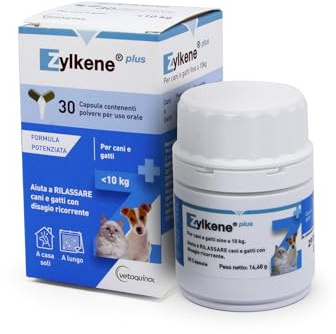 Zylkene Plus Mangime Complementare | Gatti e Cani fino a 10 kg 75 mg | Promuove il rilassamento nelle situazioni di disagio nel lungo termine: Soli a casa, Nuovi animali e neonati | 30 capsule
