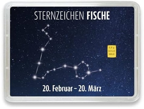 Goldstücke24 - Goldbarren mit Sternzeichen in Motivbox - Tolle Geschenkidee - Echtheitsgarantie (Fische: 20. Februar - 20. März, 0,5g Gold)