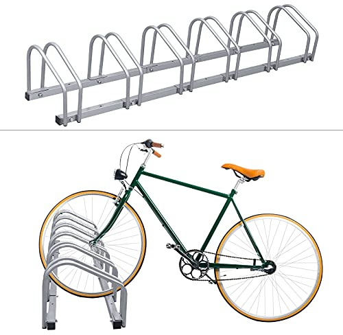 Herrselsam Fahrradständer für 6 Fahrräder, Boden und Wandmontage, Aufstellständer Fahrrad Ständer, 35-55mm Reifenbreite, für Garage und Garten, Silber