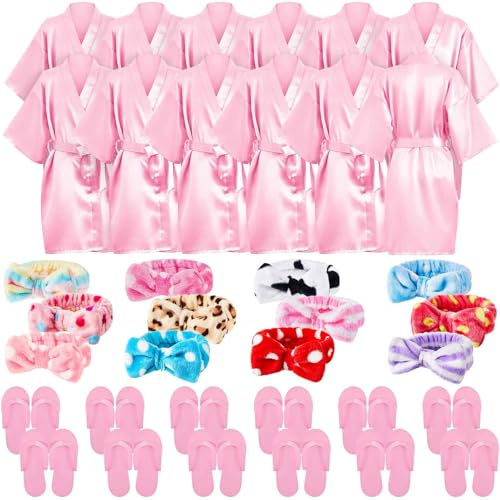 Xuhal Lot de 36 fournitures de fête spa pour filles, 12 peignoirs kimono à col en V, 12 bandeaux doux et 12 mousses jetables