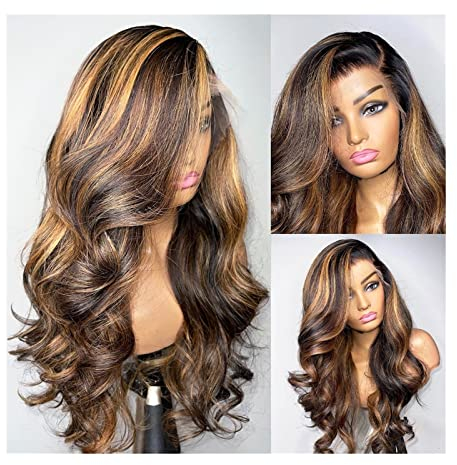 Perücken Highlight Body Wave 13X6 Lace Front Perücken 150% Echthaar Ombre 13X4 Lace Frontal Perücken for Frauen, 8-32 HD Transparent Lace Perücke mit vorgezupftem Haaransatz perücke fasching (Color