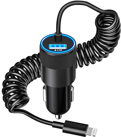 【MFi Certified】iPhone Car Charger Fast Charging, Caiinei 4.8A USB Car Charger Fast Charging Cigarette Lighter Adapter with 6FT Coiled Lightning Cable for iPhone 14 13 12 11 Pro XS Max Mini XR X 8 iPad