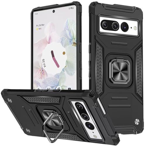 KANSi Cover per Google Pixel 7 Pro, Custodie Silicone TPU 360° Rotante Anello Magnetica Anello Ring Supporto Bumper - Nero
