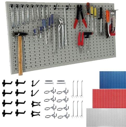 Crisalide® Pannello Portautensili Forato Porta Attrezzi, Rastrelliera Organizzazione Officina, Garage, Negozio, 50 * 100 CM, Rastrelliera Con Ganci Assortiti (Grigio)