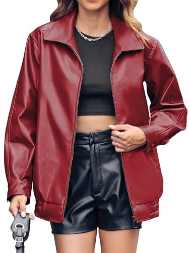 Miladusa Womens Leather Jackets Faux Fashion Zip Up Long Sleeve Solid Color Motorcycle Jacket with Pockets 2025 Dark Red M