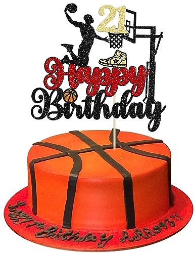 1Pc 21st Birthday Basketball Cake Topper Glitter 21st Basketball Sports Theme Cake Pick for Baby Shower 6th Birthday Cake Decorations Party Supplies Black
