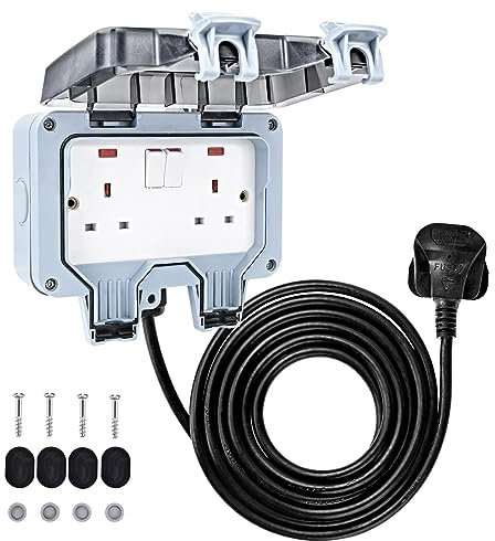 Youyijia 5M 2 Gang IP66 Outdoor Waterproof Socket with Extension Lead Double Switched Sockets Cover Rated Weatherproof Wall Plug Socket Box