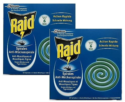 Raid 20 Spirales Anti-Moustiques et Moustiques Tigres pour Usage Extérieur + 2 Socles Métallique