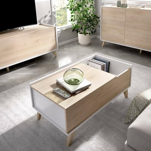 Dmora -Tavolino da Salotto Cuna, Porta riviste da Soggiorno con vano portaoggetti, Tavolo Basso da caffè elevabile, 99x60h41 cm, Rovere e Bianco