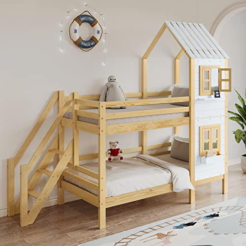 Azkoeesy Etagenbett 90 x 200 cm, mit sicheren Treppen, Rausfallschutz, kinderhochbett in Hausform mit Dach und Fenster, Lattenrost, für 2 Kinder und Jugendliche (Weiß+Natur)