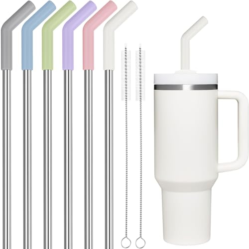 Tomorotec 6Pcs Strohhalme Edelstahl mit Silikonspitzen, Passend für Stanley 40 oz Stanley Tumbler, 30 cm strohhalme wiederverwendbar mit bunten Verlängerungen und 2 Bürsten Mehrfarbig