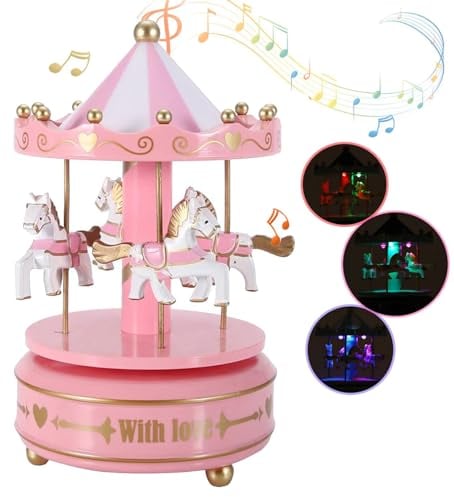Luminous Musical Carousel Kids Horse Music Box with LED lights Wind up 4-Horse Rotating Musical Figurine Vintage Dream Merry-Go-Round Toy Baby Girls Christening Gifts Xmas Carousel Ornament Decoration