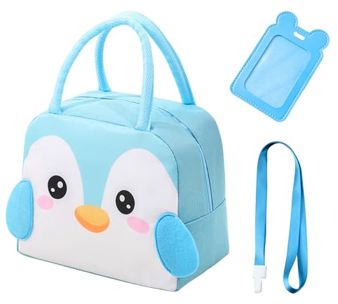 MAXQUU Bolsa de almuerzo de 1 pieza para niños con 1 tarjetero y 1 cordón, bolsa de almuerzo aislada de dibujos animados, bolsa de almuerzo plegable impermeable (azul)