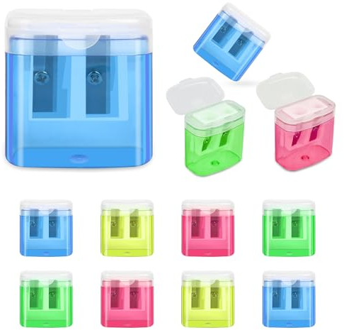 AUAUY 12 Stück 4 Farben Anspitzer mit Behälter, Spitzer mit Dose, Anspitzer mit Behälter Klein, Anspitzer Kinder, Doppelloch-Bleistiftspitzer und Manueller Pencil Sharpener,Spitzer für Schule Büro